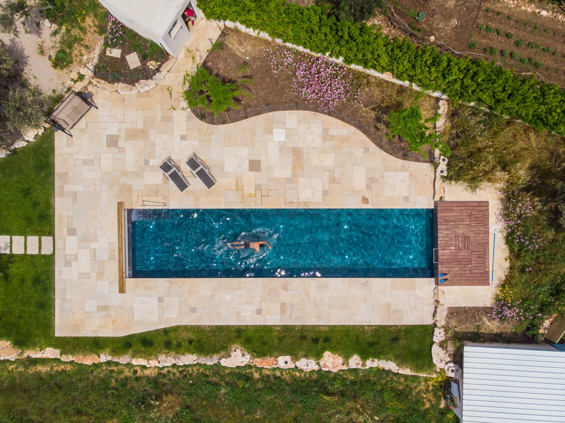 Pool and ecological water system viewed from above